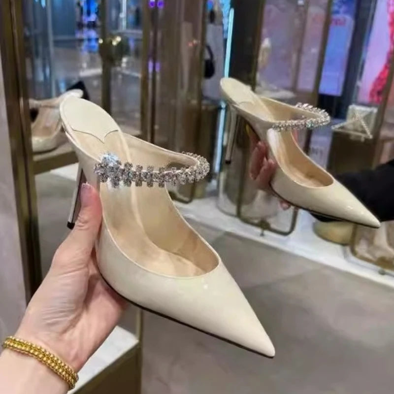2026 New Fashionable Fine Heeled Muller Shoes with Pointed Water Diamond Chain Banquet Shallow Mouth Women's High Heel Sandals