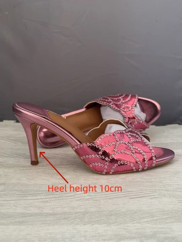 2026 New Gold Pineapple Sexy Rhinestone Fine High Heel Sandals Women's Outdoor Wear Glamorous Lady Executive Plus Size Slippers
