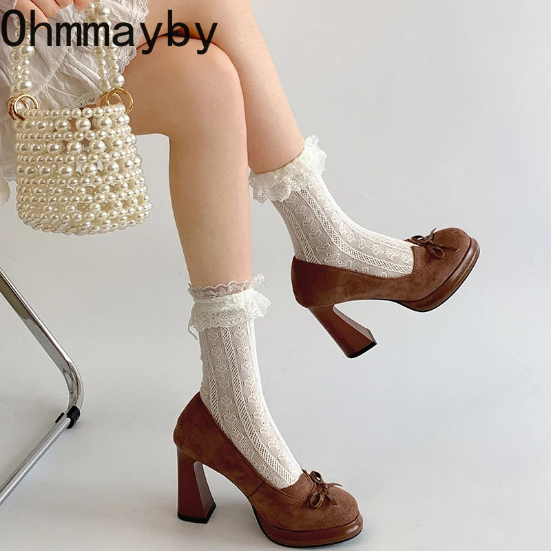 Butterfly-knot Women Mary Jane Shoes Fashion Shallow Slip On Pumps Concise Dress Thick Heel Ladies Footwear