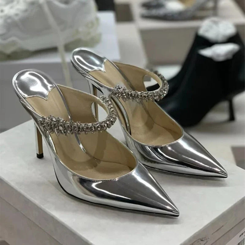 2026 New Fashionable Fine Heeled Muller Shoes with Pointed Water Diamond Chain Banquet Shallow Mouth Women's High Heel Sandals