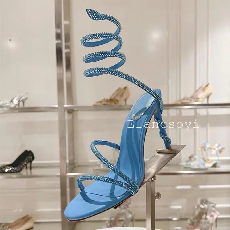 Thin Heels Gladiator Sandals Women's Shiny Rhinestone Ankle Snake Shaped Winding Party Shoes Summer Fashion High Heels Sandalias