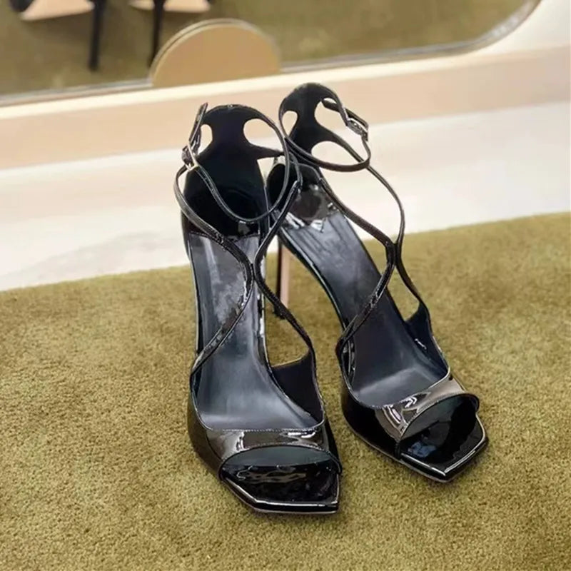 2026 Summer New Brand Patent Leather Women Gladiator Sandals Fashion Square Toe Stiletto High Heels Party Dress Shoes Sandalias