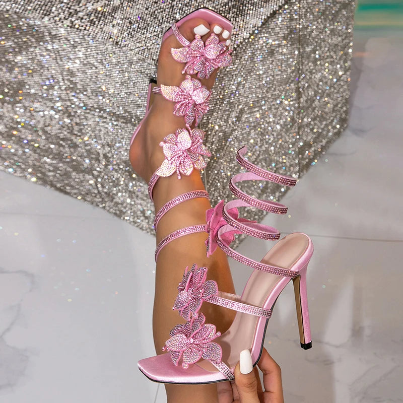 Liyke Star Style Crystal Flowers Snake Coiled Ankle Strap Sandals Women Sexy Open Toe High Heels Summer Fashion Party Prom Shoes