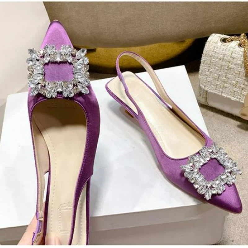 Summer Women Sandals New Women's Shoes Pointed Toe Shallow Nude Pink Diamond Shoes Low Heel Back Strappy Shoes Women dress shoes