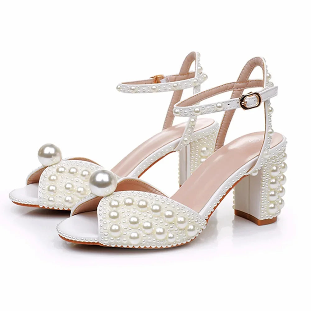 Peep Toe Pearl Women Sandals Square Heel Slingback White Spring Buckle Strap Wedding Fashion Sexy  Women Shoes 2024 New Arrivals