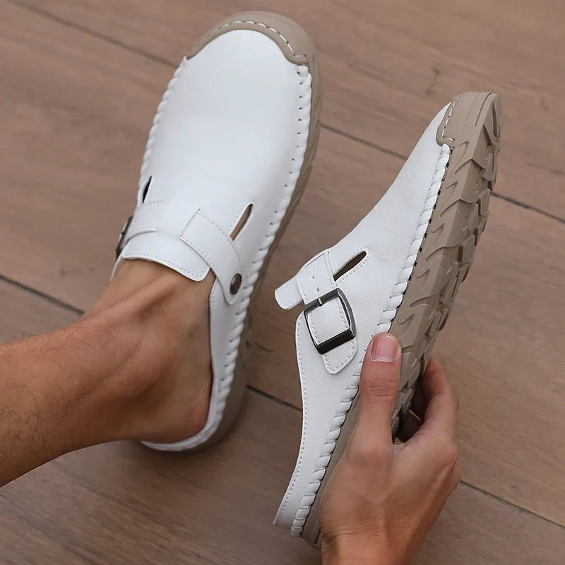 Business and Leisure Men's Mule Leather Loafers Soft Soled Driving Shoes Backless Slippers, Breathable Office Sandals, Plus Size