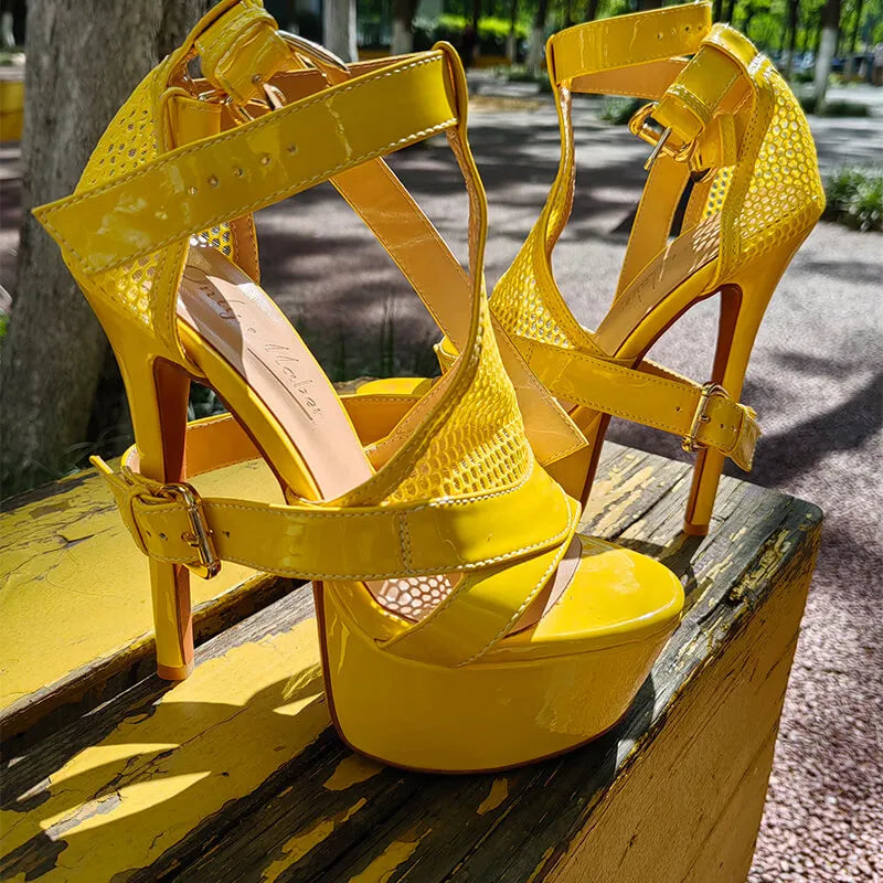 Onlymaker Women Yellow Mesh Buckle Peep Toe Platform Sandals Thin Heels Ankle Strap Buckle Dress Sexy Party Stiletto Sandals