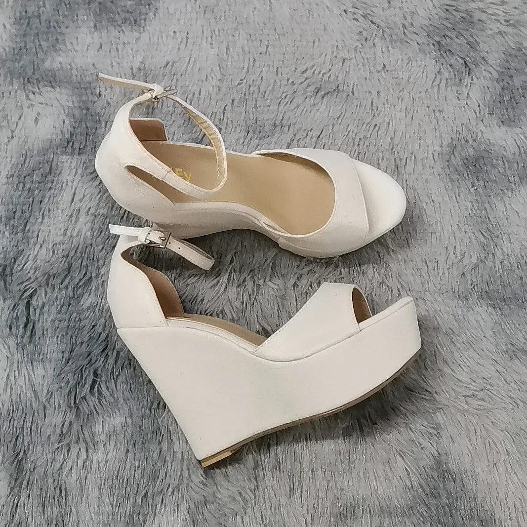 Women Sandals 14cm Sexy Peep Toe Ankle Strap Platform Wedge High Heels Sandal Party Red Wedding Dress Ladies Shoes Large Size