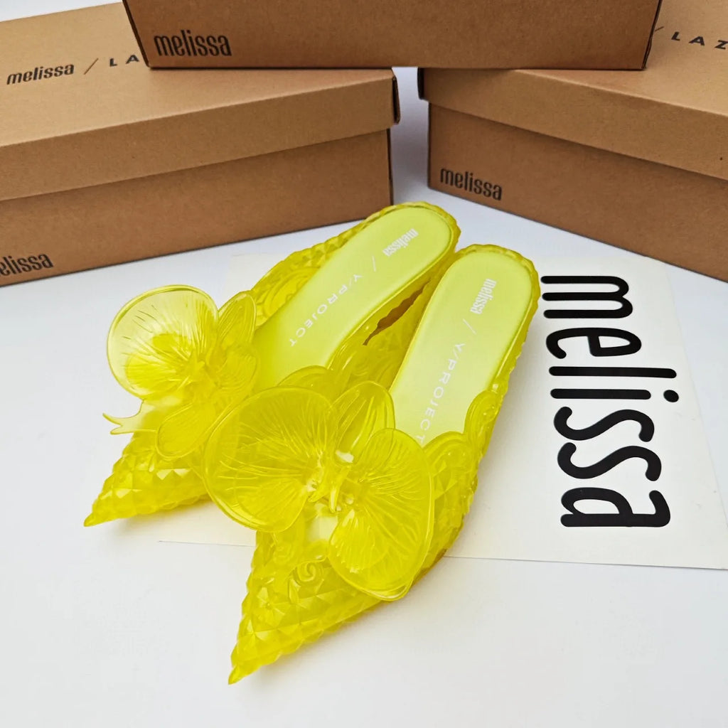 Design Big Butterfly Knot Slides Women Flat Mules Sandals High Quality Cozy PVC Transparent Sandals Pointed Toe Back Strap Shoes