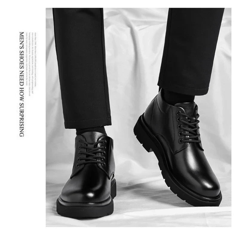 Mens Black Leather Lace Up Mid Top Boots Winter Warm Formal Business Office Wedding Shoes Black Work Boots Fashionable Dad Shoes