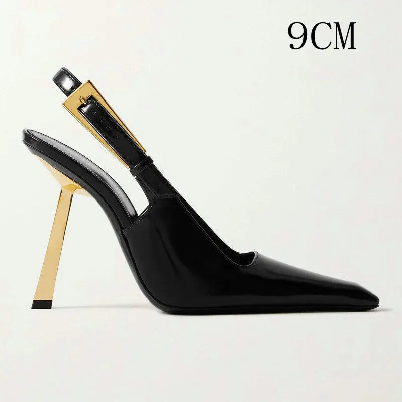 2026 New Summer French Pointed Patent Leather Fine Heel Overhead Sandals for Women Retro Skinny Heel Shoes