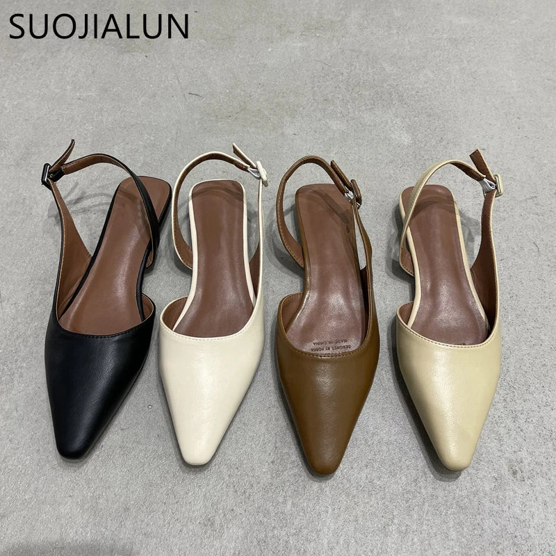 SUOJIALUN 2023 Spring New Shallow Slip On Women Slingback Shoes Soft Casual Ladies Sandal Shoes Flat Heel Outdoor Dress Mules