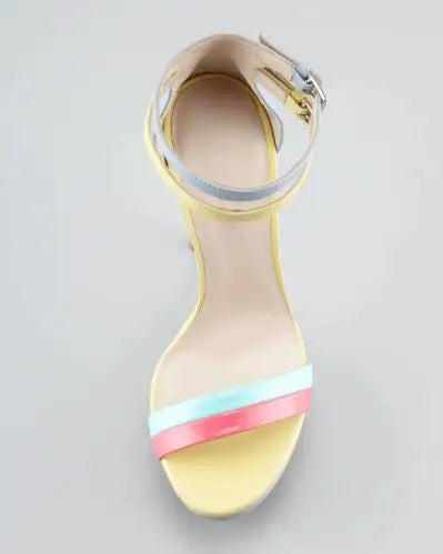 Yellow Blue Pink Mixed Color Leather Open Toe Platform Cover Heel Summer Sandals Women Stiletto Heel Ankle Buckle Party Shoes