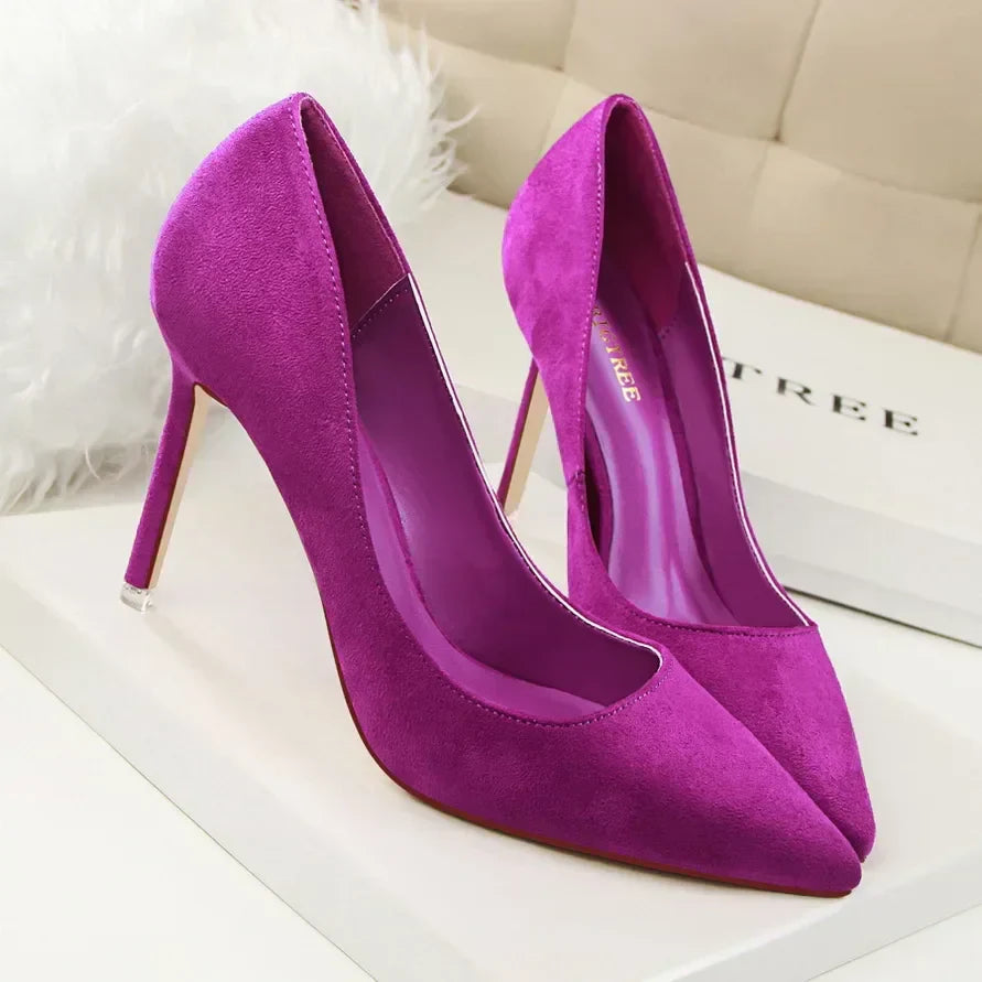 Women Elegant Flock Orange Purple Evening Banquet Party Pumps Lady Classic Scarpin New Burgundy 9cm High Heels Shoes Plus Size