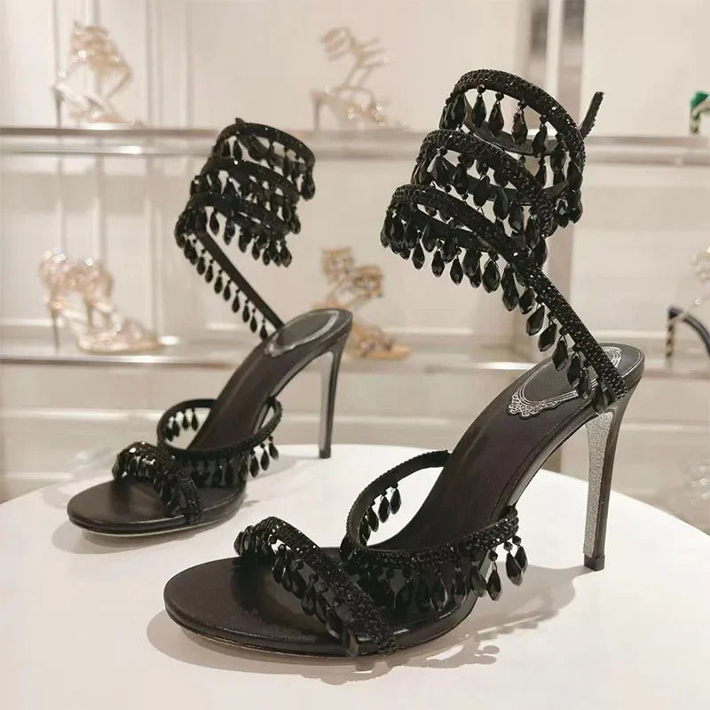 Luxury High Heels Sandals Women Crystal Pendant Snake Twine Around Ankle Strap Wedding Shoes Summer Bohemian Sandals Woman