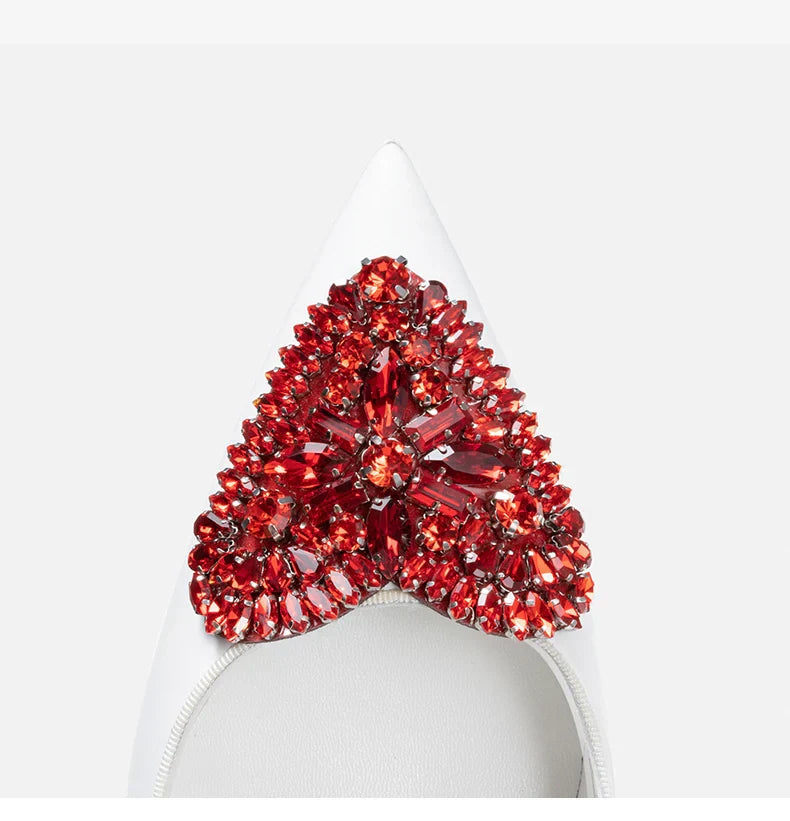 Red soled heart-shaped rhinestone white high-heeled shoes for women's 2025 wedding, exuding a refined and refined style