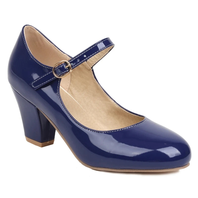 Women's Navy Blue High Heels Pumps Big Size 45 Lolita Mary Jane Shoes Elegant Black Red Pink Heeled Office Wedding Dress Shoes