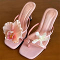 Hawaii Asymmetrical Flower Sandals,Silk Fairy Clip Toe Thin Heels,Women Beach Vacation Flip Flop Sandal,2025 Summer Dress Shoes