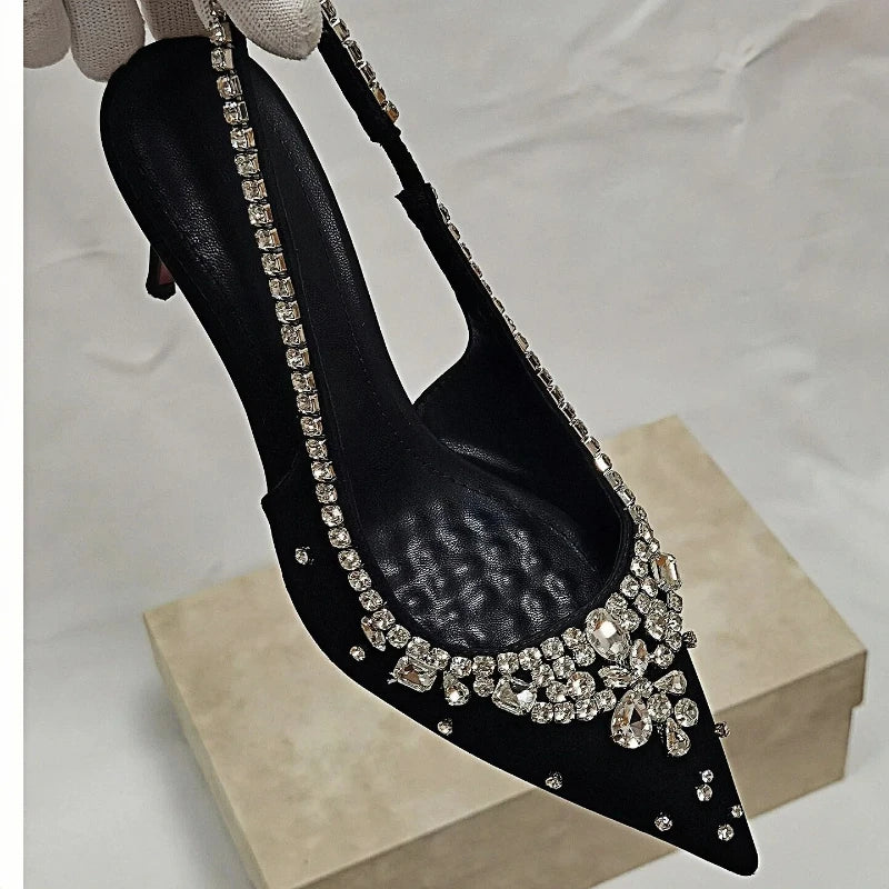 New Summer Fairy-style Rhinestone Sandals, Pointed Toe, Stiletto Heels, Satin High Heels, Exquisite Crystal Wedding Shoes, Open