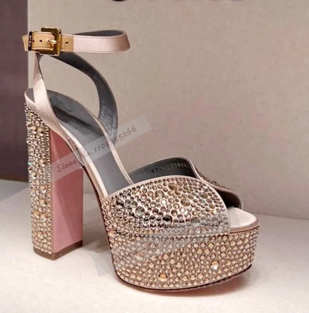 Champagne Crystal Chunky Heel Sandals Bling Rhinestone Platform Wedding Shoes Velvet Open Toe Buckle Strap Block Heels