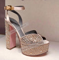 Champagne Crystal Chunky Heel Sandals Bling Rhinestone Platform Wedding Shoes Velvet Open Toe Buckle Strap Block Heels
