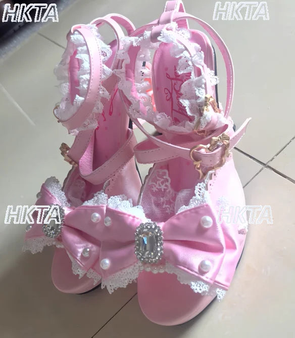 Sweet Cute Fashion Round Head Princess Lolita Shoes Women Summer New Kawaii Bow Lace Stitching Pink High Heels Girl Sandals