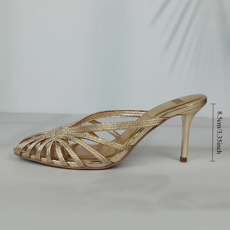 Women Shoes 2025 New Gold Hollow High Heels Luxury Pointed Toe Heeled Pumps for Women Office Mules Summer Stiletto Shoes Sandals