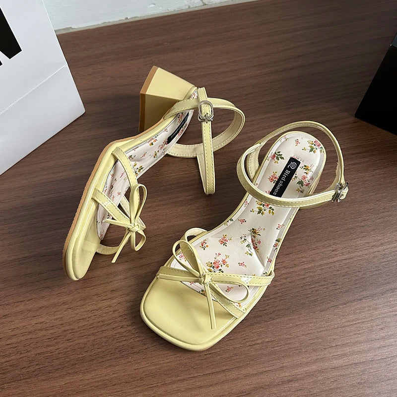 New Summer Butterfly-knot Thick Heel Women Sandals Fashion Floral Ankle Strap Shoes Ladies Outdoor Dress Gladiator Sandalias