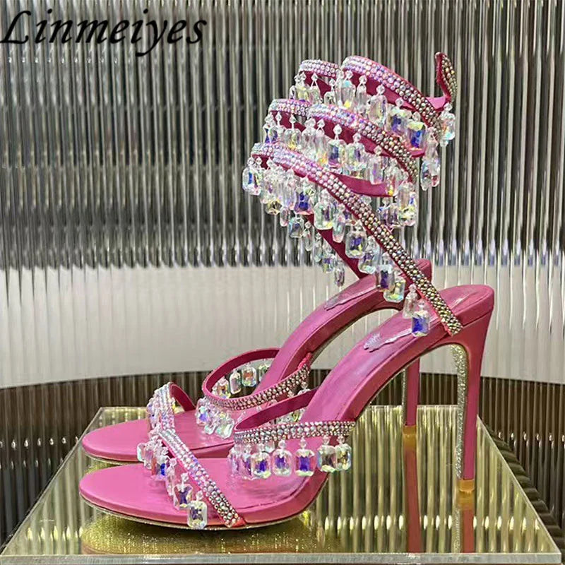 Luxury High Heels Sandals Women Crystal Pendant Snake Twine Around Ankle Strap Wedding Shoes Summer Bohemian Sandals Woman