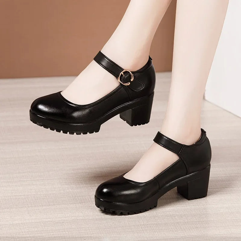 6 8 10cm Small Size 32-43 Shallow Thick Bottom Genuine Leather Shoes Platform Pumps 2026 Block High Heels Shoes Office Model