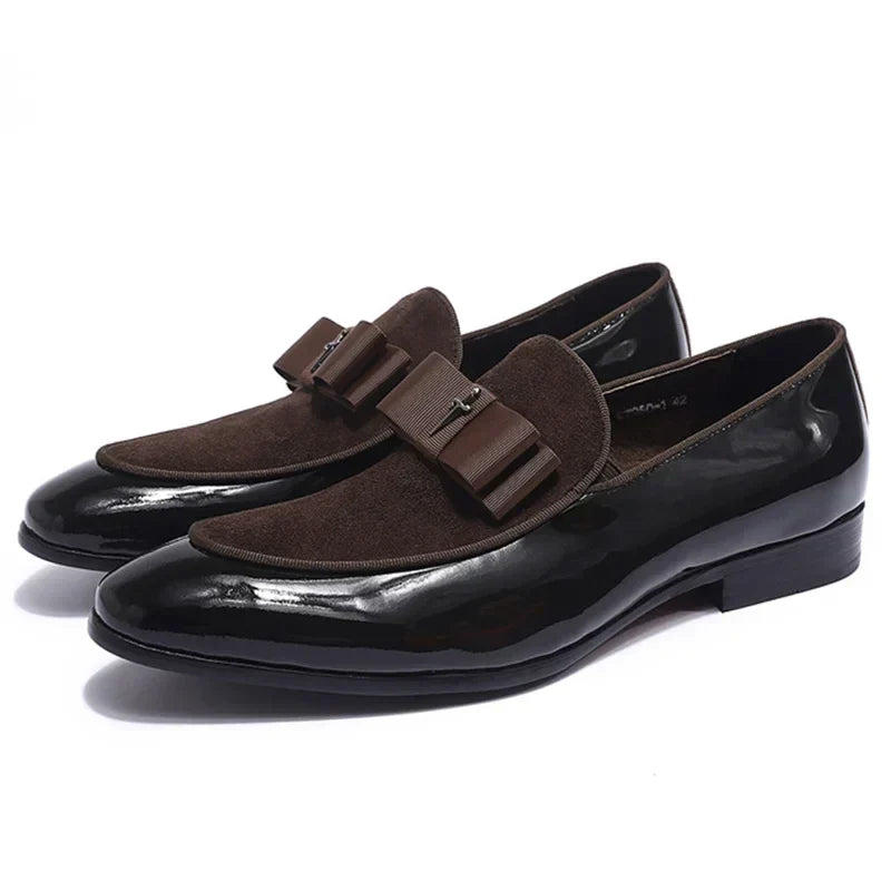 Handmade Men's Genuine Leather Patent Suede Loafers Patchwork Bow Tie Dress Shoes for Wedding Banquet Formal Occasions