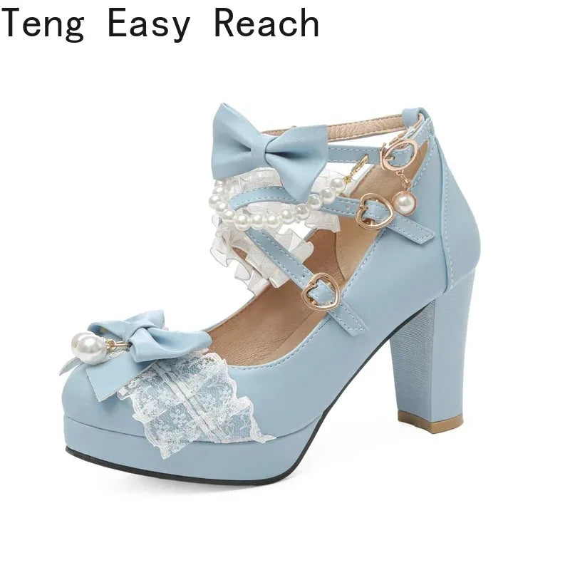 Cross Strap Women High Heels Mary Jane Pumps Party Wedding Cosplay White Pink Black Strawberry Bow Princess 2025 Lolita Shoes
