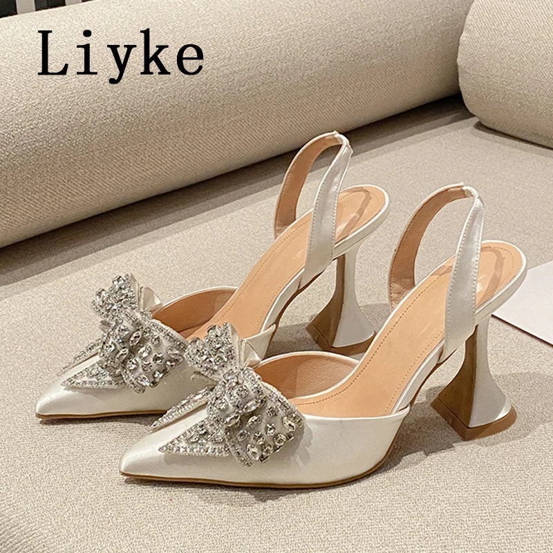 Liyke Spring Summer Fashion Rhinestone Bowknot Women Pumps Sexy Silk Pointed Toe Strange High Heels Party Prom Shoes Gold Silver