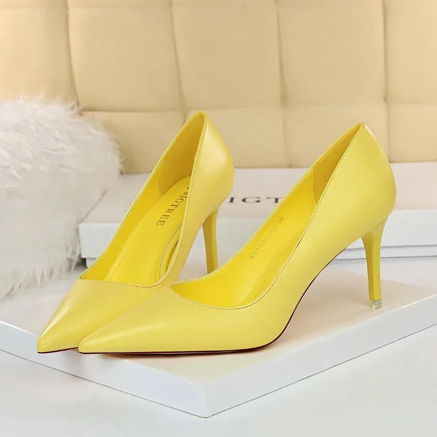 Plus Size 34-43 Woman Classic Concise 7.5cm 10.5cm High Heels Lady Elegant Colorful Pumps Scarpins Yellow Mid Low Heels Shoes