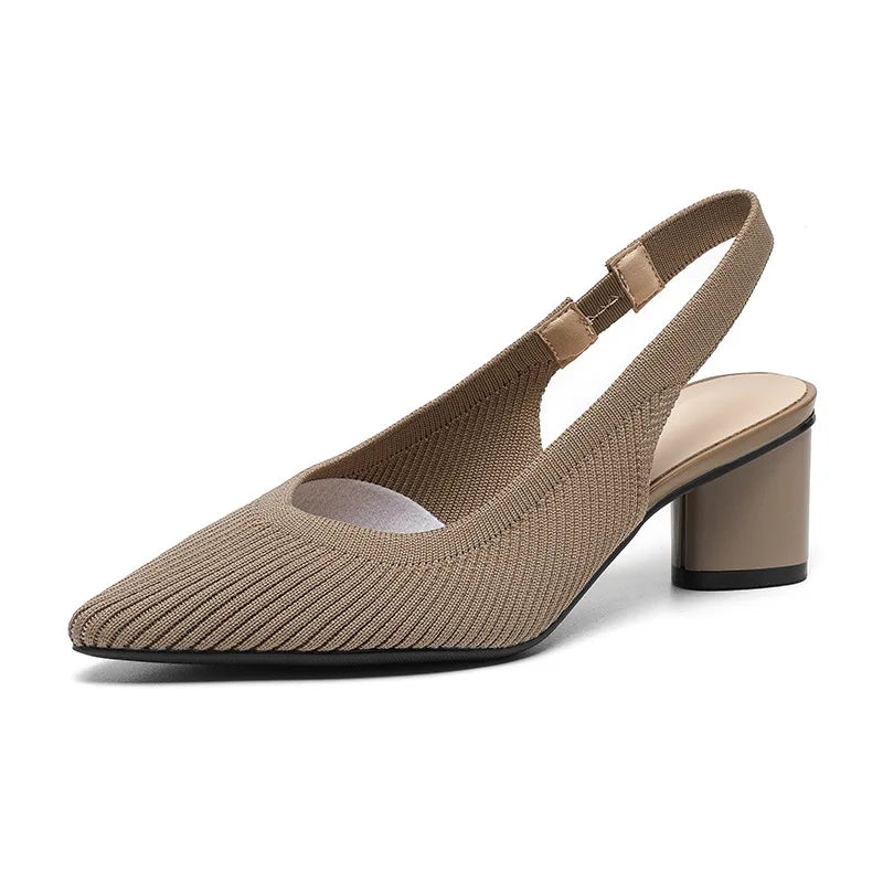Sandals for Women Heels Knitted Rear Empty Strap Fashion Sandals Pointed Head Shallow Mouth Side Empty Daily Thick Heel Sandals