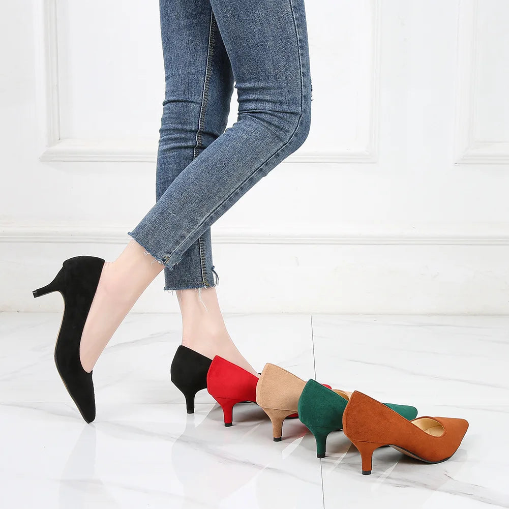 Low Heel Pumps Lady Pointed Toe Kitten Heels Female Green Flock Plus Size spring Red Shoes  Women 5cm High Heels