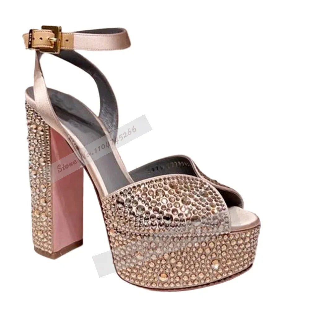Champagne Crystal Chunky Heel Sandals Bling Rhinestone Platform Wedding Shoes Velvet Open Toe Buckle Strap Block Heels