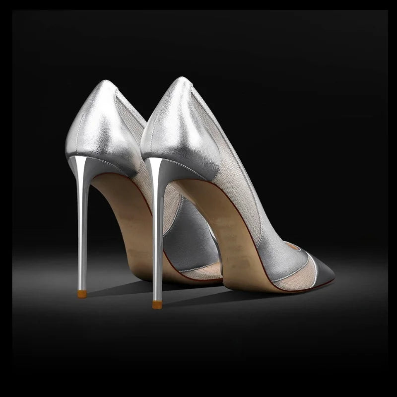 2026 Spring New Patchwork Mesh Silver High Heels For Women Pointy Shallow Mouth Temperament Slim Heel Shoes Wedding Pumps