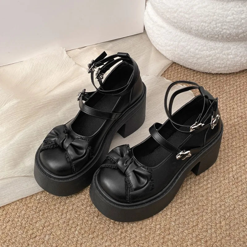 Spring Platform Thick Bottom Women Lolita Mary Jane Shoes Butterfly-knot Buckle Strap Shoes Ladies Elegant Heel Dress Pumps