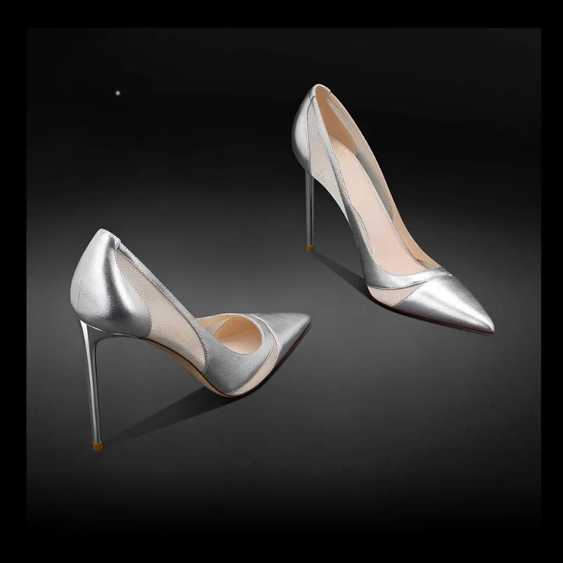 2026 Spring New Patchwork Mesh Silver High Heels For Women Pointy Shallow Mouth Temperament Slim Heel Shoes Wedding Pumps