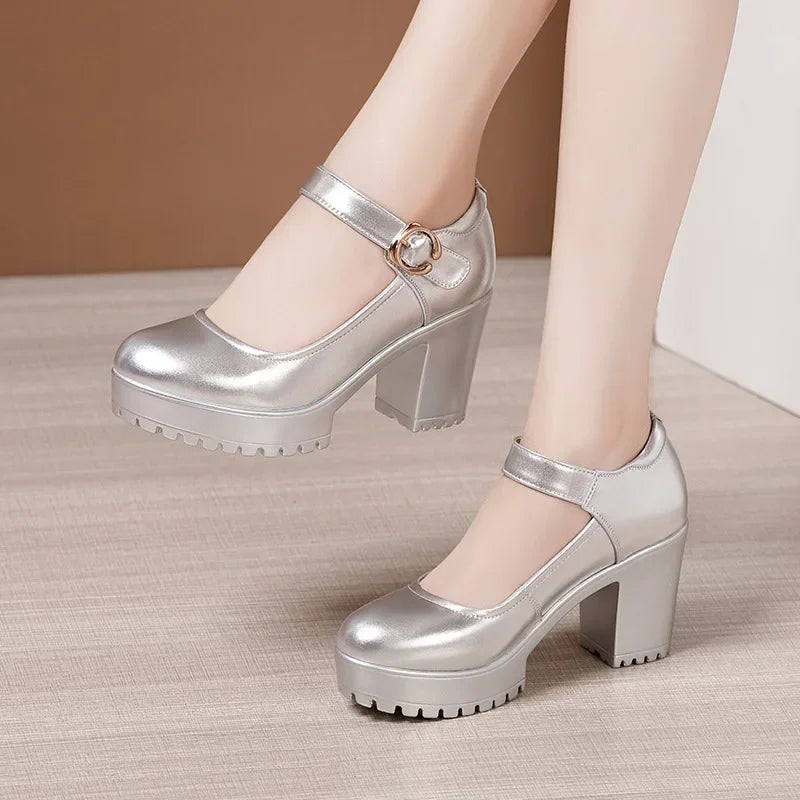 6 8 10cm Small Size 32-43 Shallow Thick Bottom Genuine Leather Shoes Platform Pumps 2026 Block High Heels Shoes Office Model