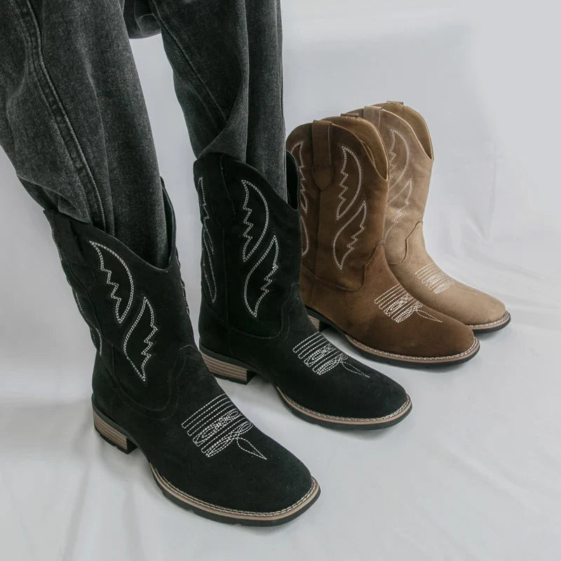 New Western Men's Cowboy Boots Vintage Mid-calf Motorcycle Boots Fashion Suede Leather Men's Boots Outdoor Casual Riding Boots