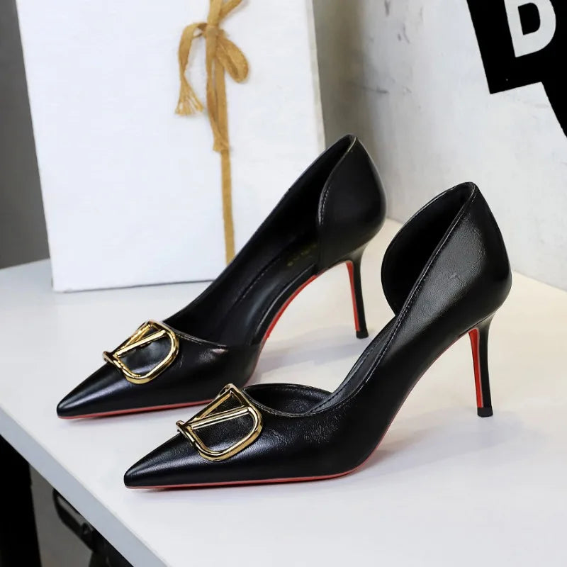 Popular Pointed Red-soled High-heeled Shoes for Women, Shallow-mouth Stiletto Side Hollowed-out Single Shoes, Banquet Shoes