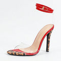 Liyke Sexy Leopard Print High Heels Transparent Sandal Fashion Red Patent Leather Ankle Strap Women Party Stripper Shoes Size 43
