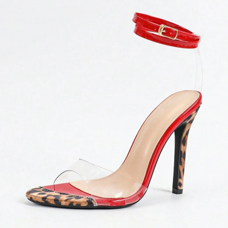 Liyke Sexy Leopard Print High Heels Transparent Sandal Fashion Red Patent Leather Ankle Strap Women Party Stripper Shoes Size 43