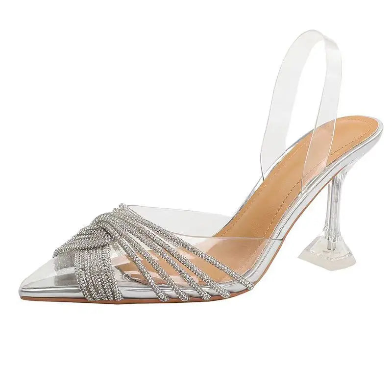 Rhinestone Sandals Women High Heels Summer Sexy Pointed Rear loop strap Stiletto Wedding Shoes Bride Small Size 34-40
