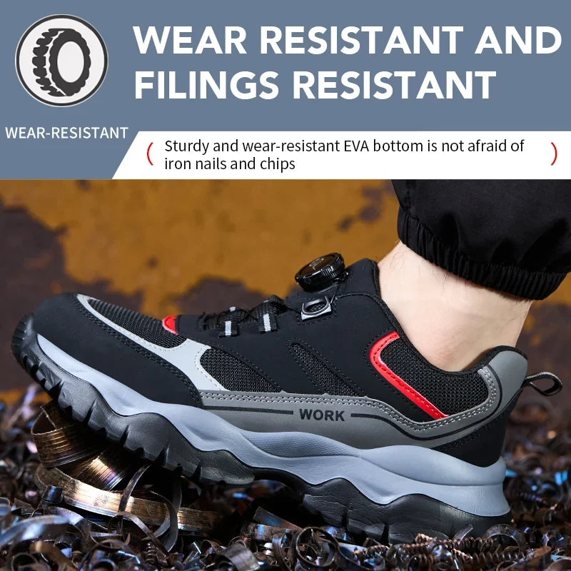 Mens Work Shoes Steel Toe Safety Boots Anti-smash Shoes Mens Black Lightweight Breathable Sneakers Rotary Button Shoes
