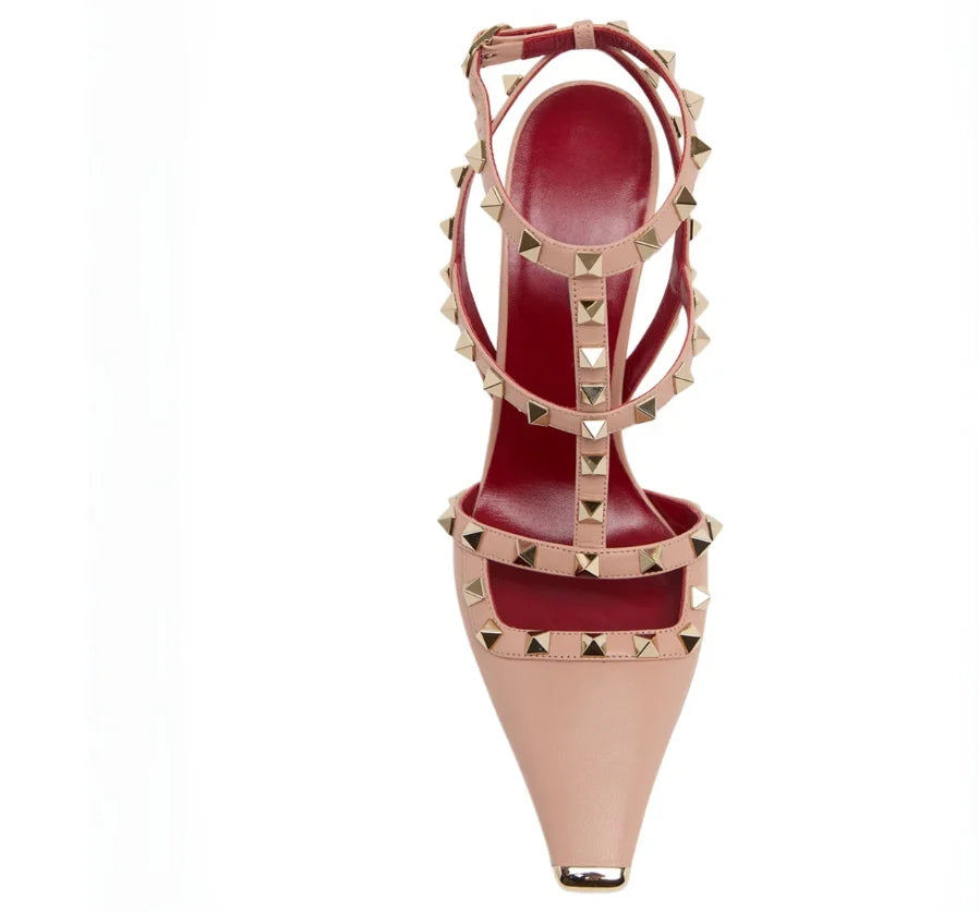 2026 Women's Rivet Low Heel Square Head Stiletto Sandals Fashion Show Party Summer Women's High Heel Sandals