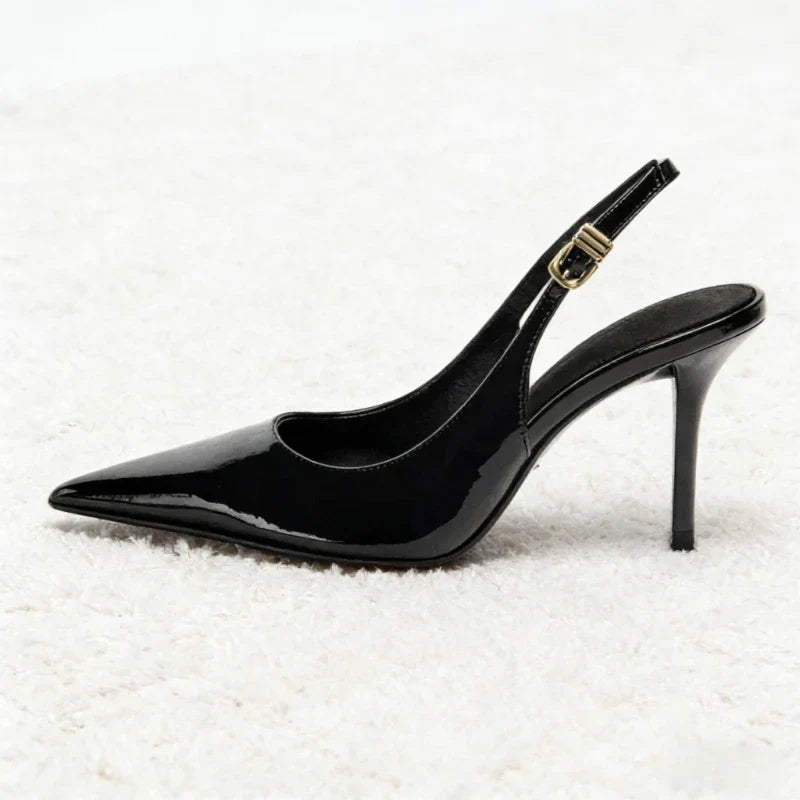 Sexy Black Pointed Toe Patent Leather Pumps Women Luxury Metal Ankle Strap Buckle Brand Designer Shoes Cozy Commuter Office Shoe