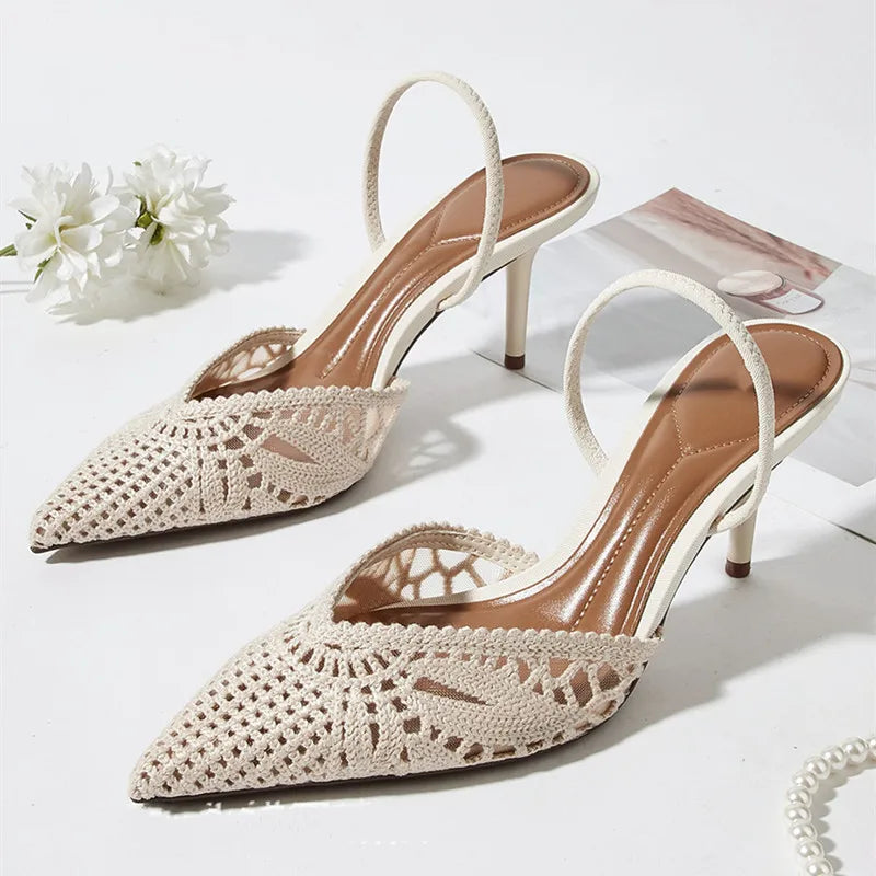 Woven Openwork Singback High-Heeled Sandals Women Sexy Pointed-Toe High Heels for Ladies Summer Comfortable Elegant Women Shoes
